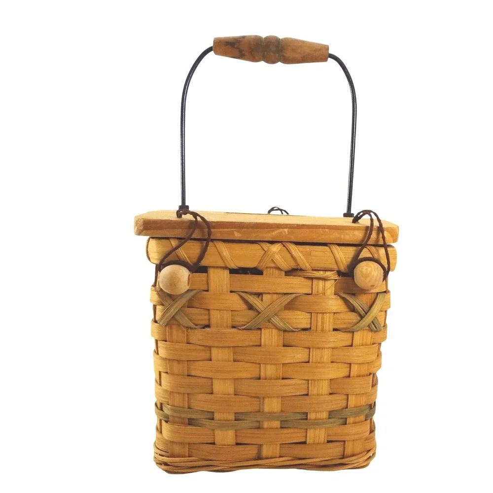 Hand Woven Wood Basket with Heart Cutout Lid Wire Handle‎ Rustic Farmhouse Decor